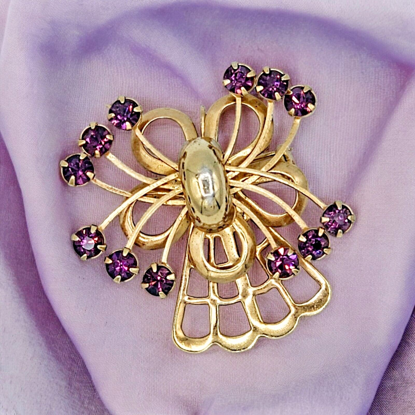 Vintage Purple Bouquet Brooch 10k Gp Floral Spray Bow Spring Estate Jewelry Pin 35$